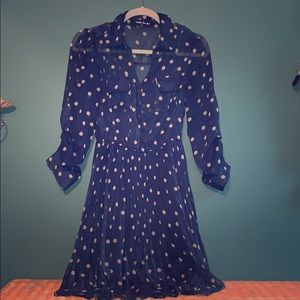 Navy and tan polka dotted dress, 3/4 sleeves